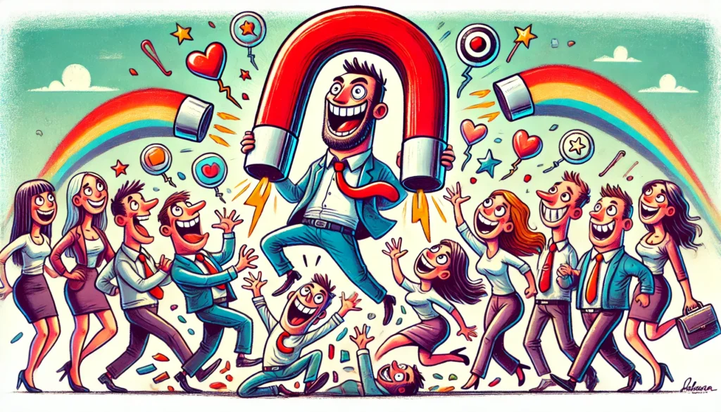 Un Illustrazione Naif E Divertente Che Rappresenta L Effetto Calamita Nella Leadership Un Leader Carismatico Tiene Un Enorme Magnete Colorato