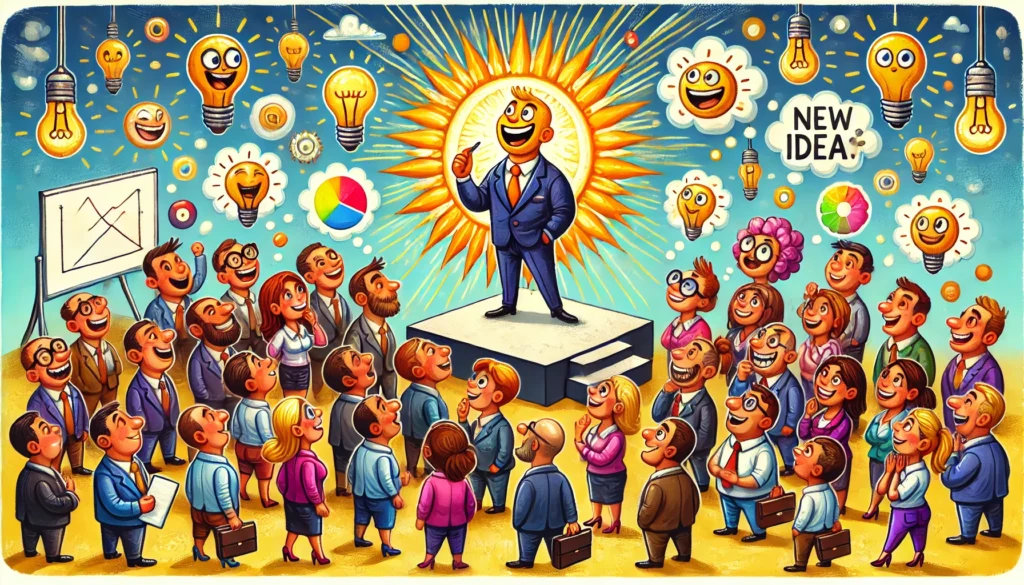 A Humorous Colorful And Naive Style Cartoon Illustration In Widescreen Format A Charismatic Leader Stands Confidently On A Small Stage
