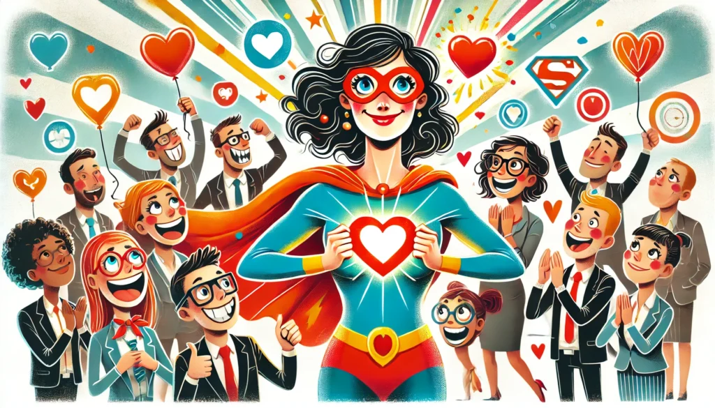 Un Illustrazione Naif E Divertente Raffigurante Una Leader Donna Come Una Supereroina Dell Empatia Indossa Un Mantello Colorato E Ha Un Cuore Luminos